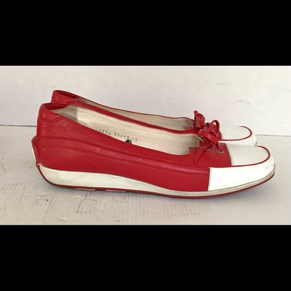 Red real leather comfortable no-slip walking shoes white cap toe cute tie bow 40 - Picture 7 of 10